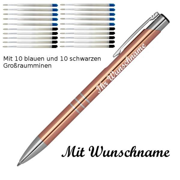 10 Kugelschreiber mit Namensgravur / je 10 schwarze + blaue Minen / roségold