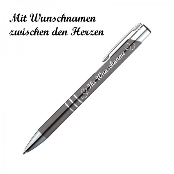 10 Kugelschreiber mit Namensgravur "Herzen" - aus Metall - Farbe: anthrazit