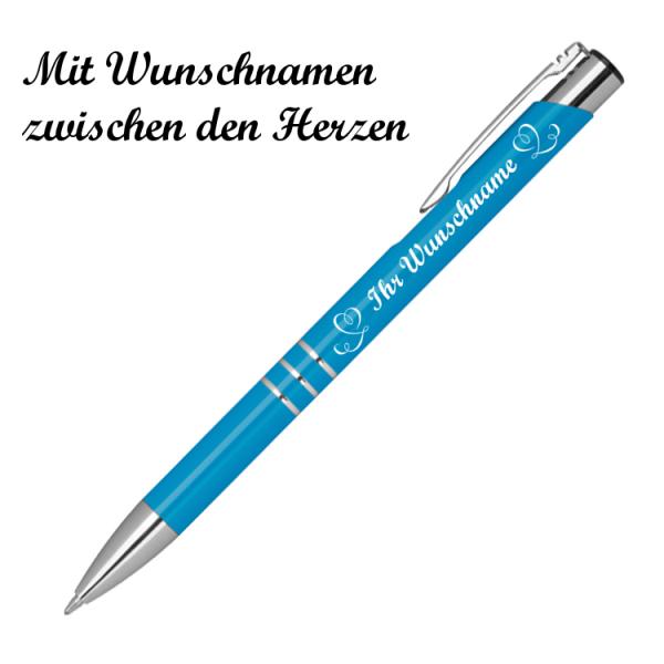 10 Kugelschreiber mit Namensgravur "Herzen" - aus Metall - Farbe: hellblau