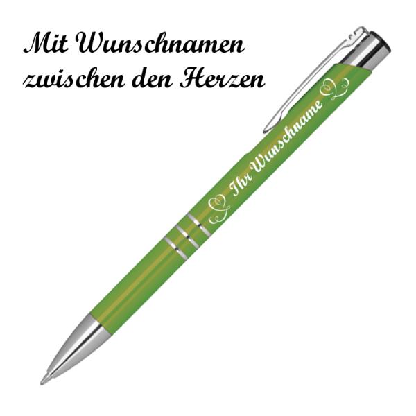 10 Kugelschreiber mit Namensgravur "Herzen" - aus Metall - Farbe: hellgrün