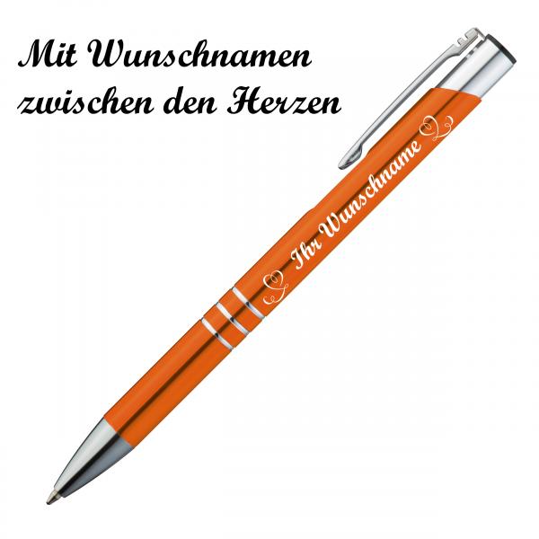 10 Kugelschreiber mit Namensgravur "Herzen" - aus Metall - Farbe: orange
