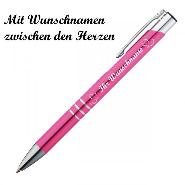 10 Kugelschreiber mit Namensgravur "Herzen" - aus Metall - Farbe: pink