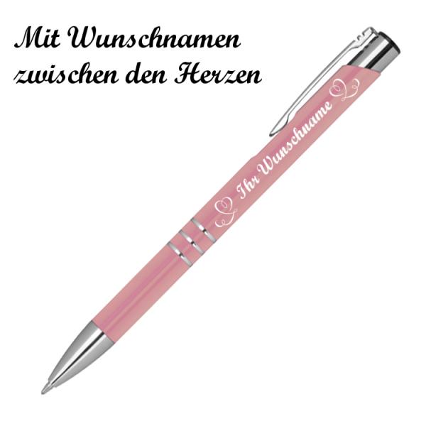 10 Kugelschreiber mit Namensgravur "Herzen" - aus Metall - Farbe: rose'