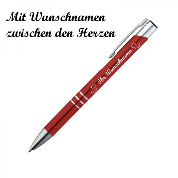 10 Kugelschreiber mit Namensgravur "Herzen" - aus Metall - Farbe: rot