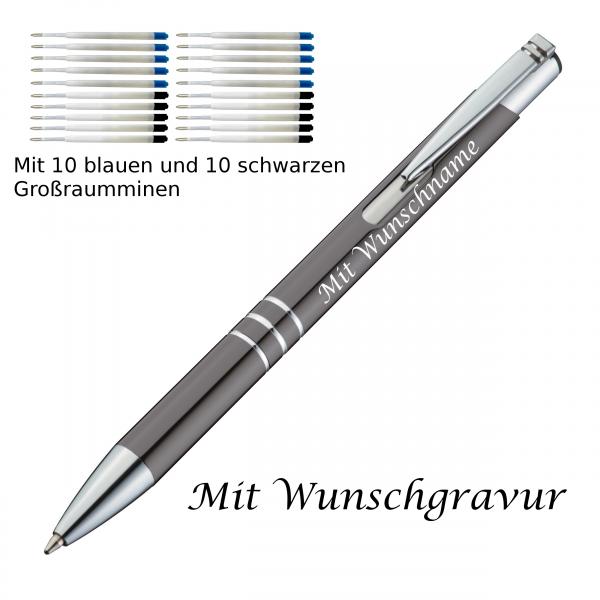 10 Metall Kugelschreiber mit Gravur / je 10 schwarze + blaue Minen / anthrazit