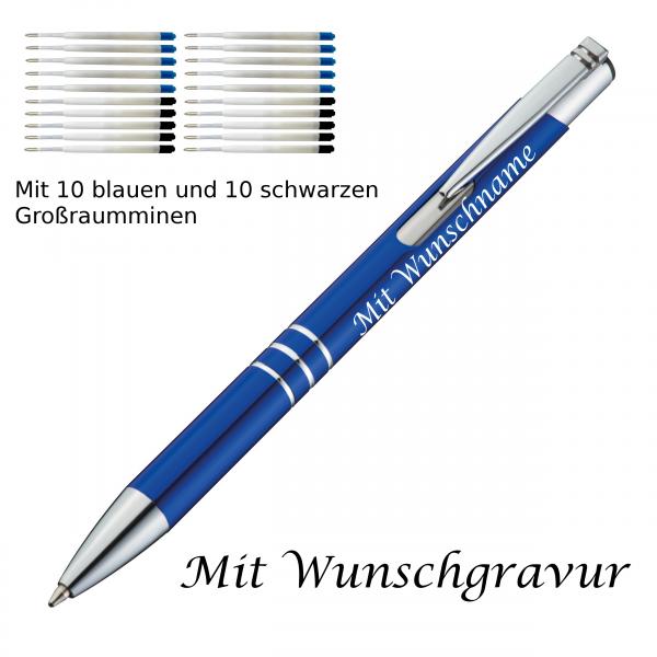 10 Metall Kugelschreiber mit Gravur / je 10 schwarze + blaue Minen / blau