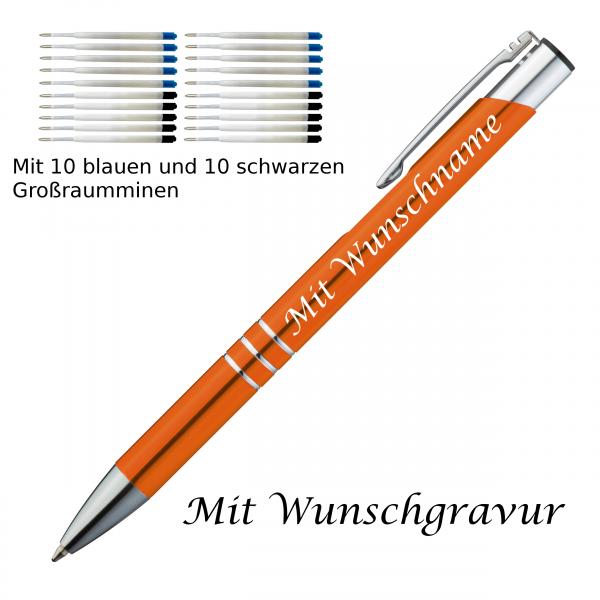 10 Metall Kugelschreiber mit Gravur / je 10 schwarze + blaue Minen / orange