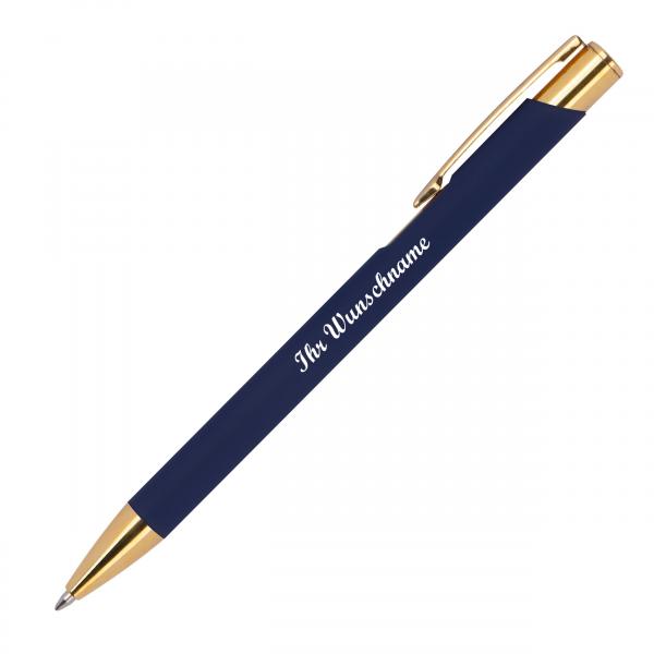 10 Metall-Kugelschreiber mit Namensgravur - goldene Applikationen - dunkelblau