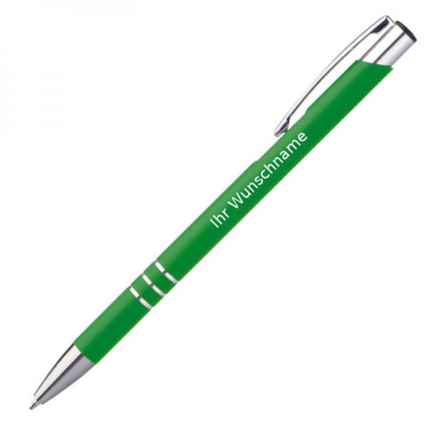 10 schlanke Kugelschreiber mit Gravur / aus Metall / Farbe: grün