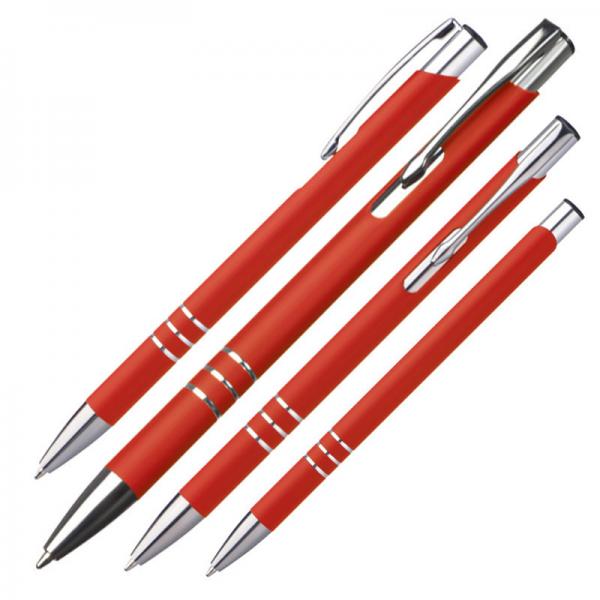 10 schlanke Kugelschreiber mit Gravur / aus Metall / Farbe: rot