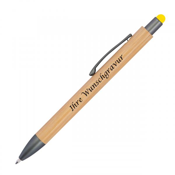 10 Touchpen Holzkugelschreiber aus Bambus mit Gravur / Stylusfarbe: gelb