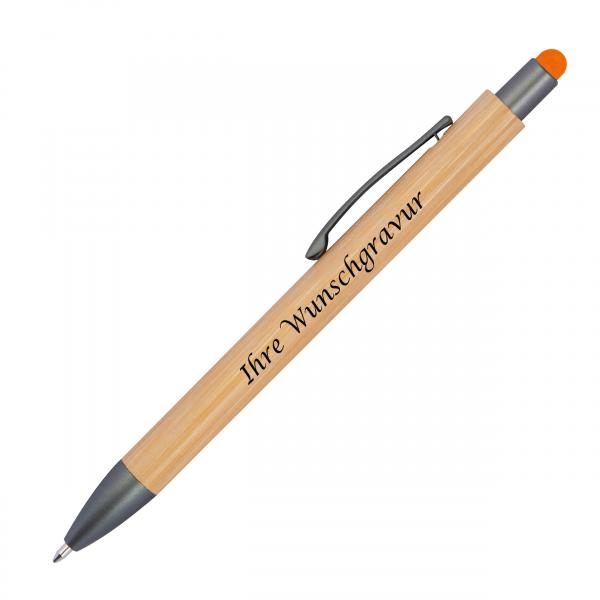 10 Touchpen Holzkugelschreiber aus Bambus mit Gravur / Stylusfarbe: orange