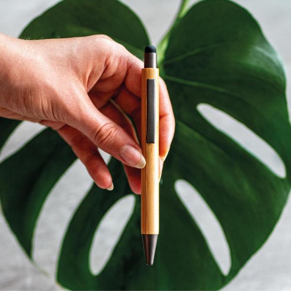 10 Touchpen Holzkugelschreiber aus Bambus mit Namensgravur - Stylusfarbe schwarz