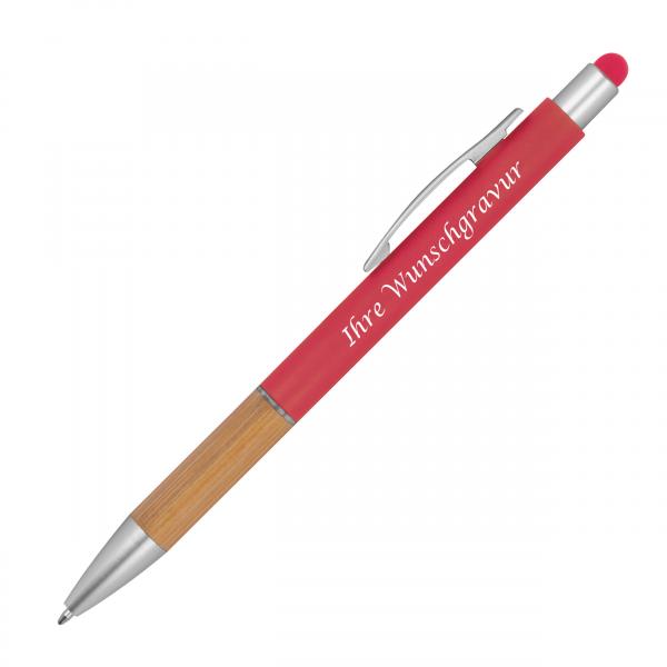 10 Touchpen Kugelschreiber mit Gravur / mit Bambusgriffzone / Farbe: rot