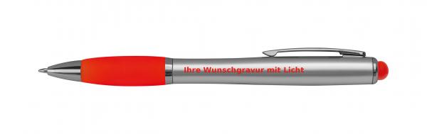 10 Touchpen Kugelschreiber mit Gravur im farbigen LED Licht / Farbe: silber-rot