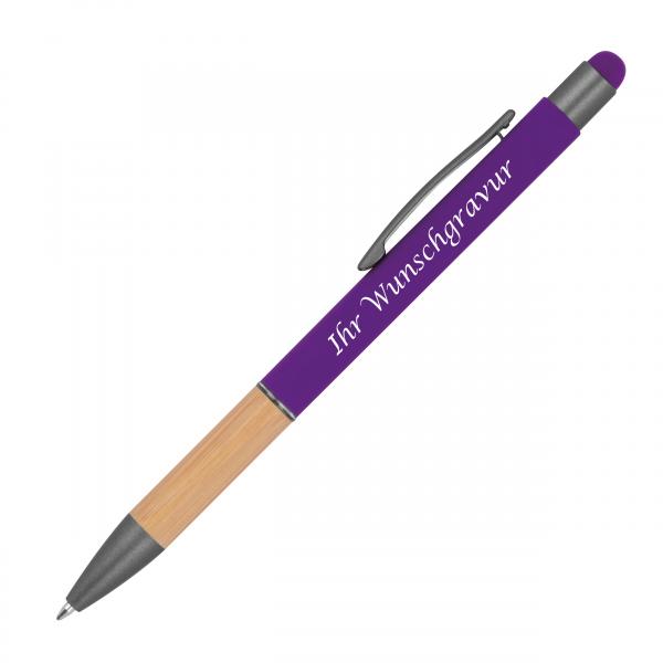 10 Touchpen Kugelschreiber mit Griffzone aus Bambus mit Gravur / Farbe: lila