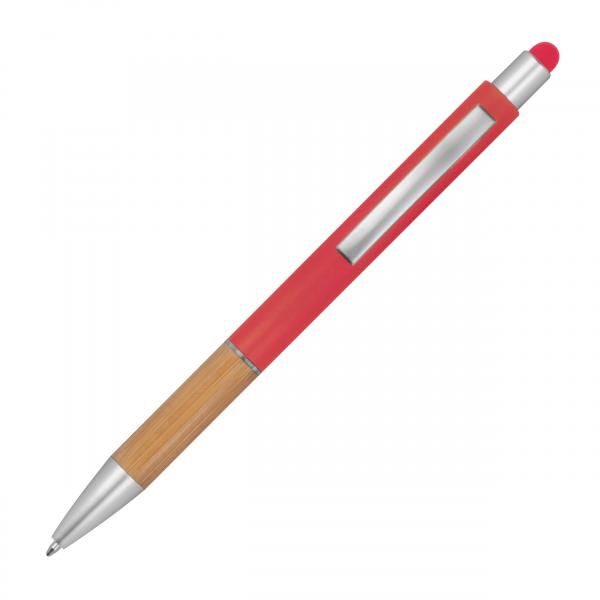 10 Touchpen Kugelschreiber mit Namensgravur - mit Bambusgriffzone - Farbe: rot