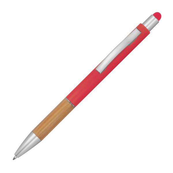 10 Touchpen Kugelschreiber mit Namensgravur - mit Bambusgriffzone - Farbe: rot