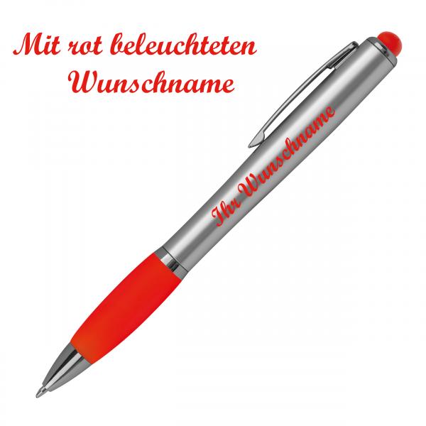 10 Touchpen Kugelschreiber mit Namensgravur im farbigen LED Licht - silber-rot