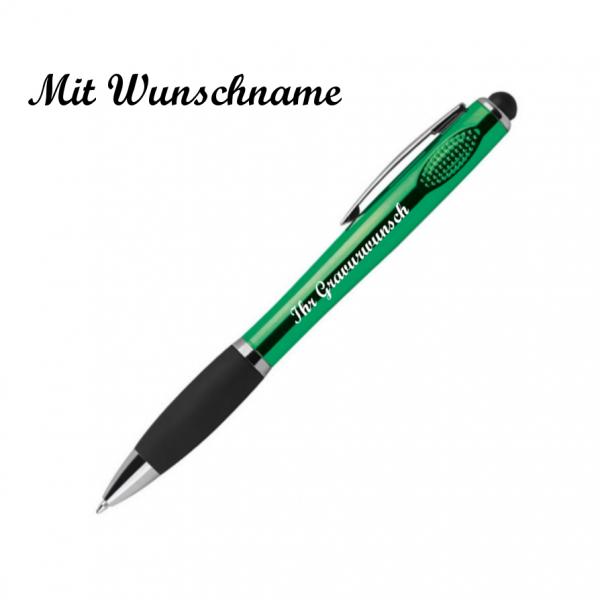 10 Touchpen Kugelschreiber mit Namensgravur mit weißem LED Licht - Farbe: grün