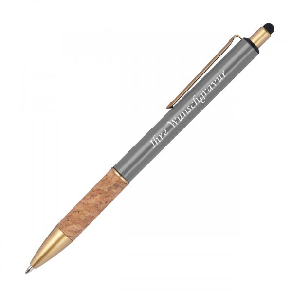 10 Touchpen Metall-Kugelschreiber mit Gravur / mit Korkgriffzone / Farbe: grau