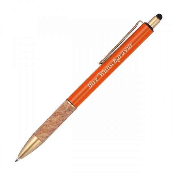10 Touchpen Metall-Kugelschreiber mit Gravur / mit Korkgriffzone / Farbe: orange