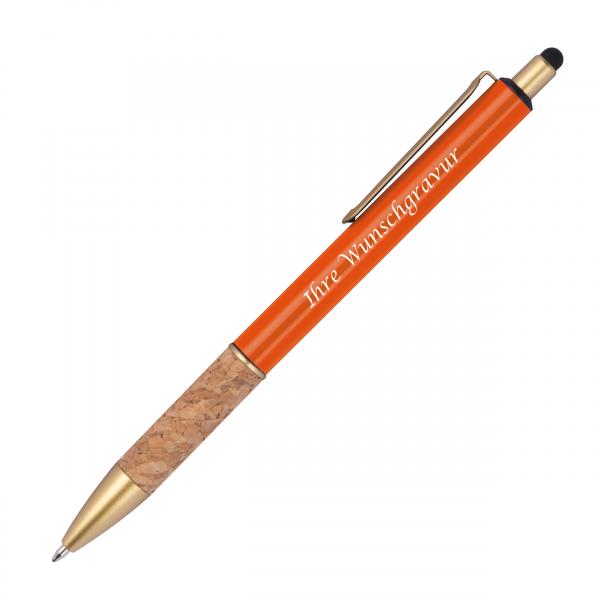 10 Touchpen Metall-Kugelschreiber mit Gravur / mit Korkgriffzone / Farbe: orange