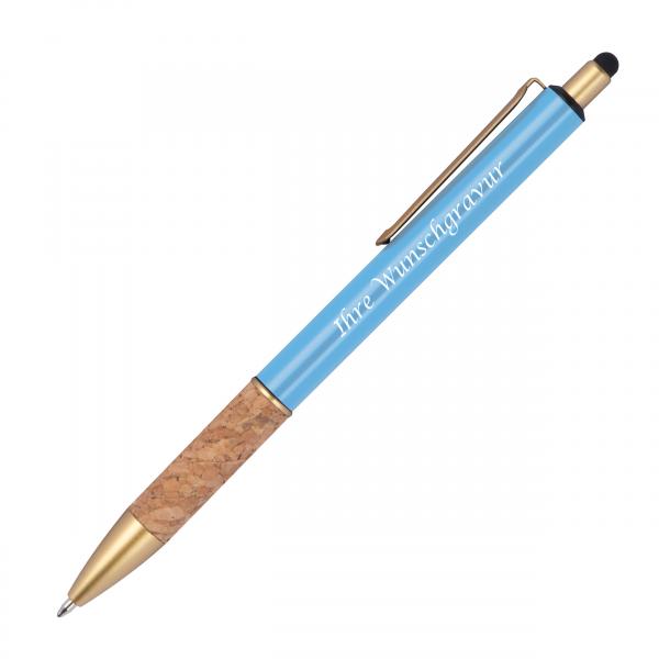 10 Touchpen Metall-Kugelschreiber mit Gravur / mit Korkgriffzone Farbe: hellblau