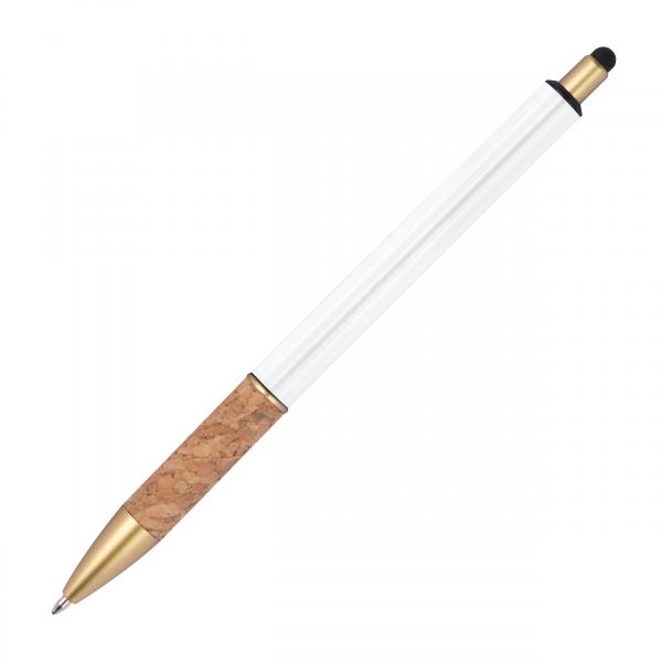 10 Touchpen Metall-Kugelschreiber mit Korkgriffzone / Farbe: weiß