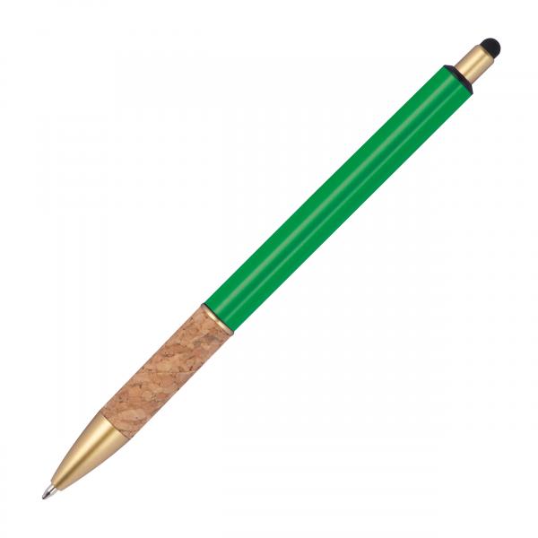 10 Touchpen Metall-Kugelschreiber mit Namensgravur - mit Korkgriffzone - grün
