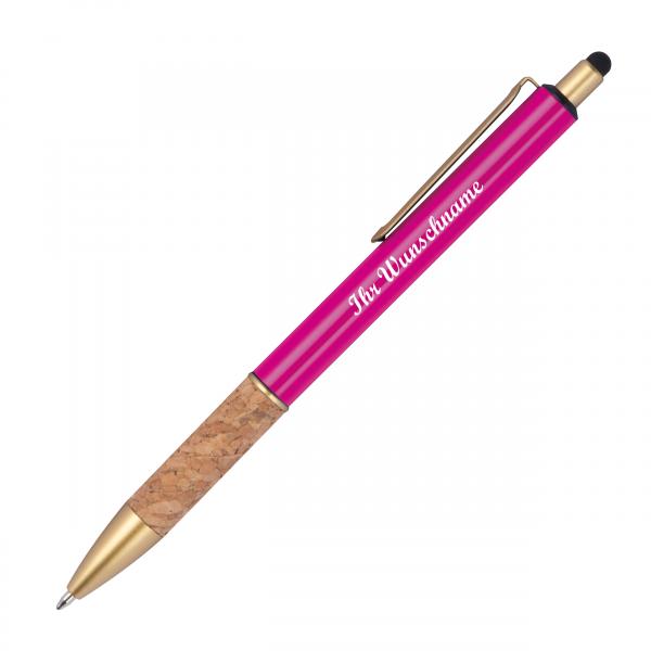 10 Touchpen Metall-Kugelschreiber mit Namensgravur - mit Korkgriffzone - pink