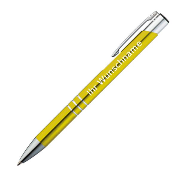gelb mit Pappetui Kugelschreiber aus Metall mit Gravur Farbe 