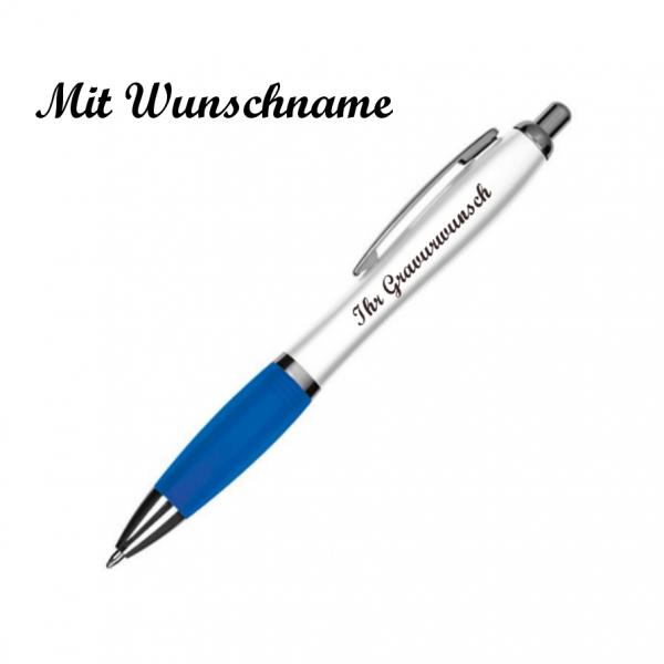 100 Kugelschreiber mit Namensgravur - aus Kunststoff - Farbe: weiß-blau