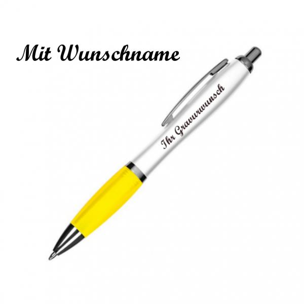 100 Kugelschreiber mit Namensgravur - aus Kunststoff - Farbe: weiß-gelb