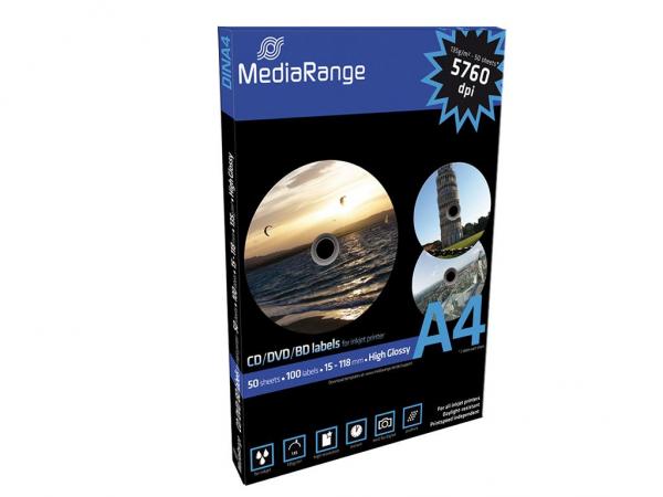 100 MediaRange CD DVD BD-R Etiketten 50 Blatt 118 x 15 hochglänzend