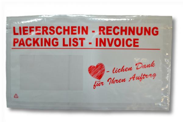 1000 Lieferscheintaschen / DIN lang / "Lieferschein-Rechnung" "Herzlichen Dank"