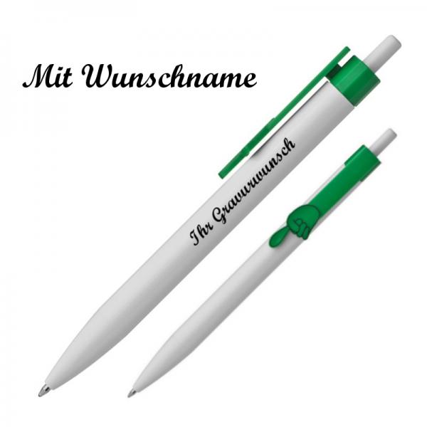 100x Druckkugelschreiber mit Namensgravur - "Fingerzeig" - Clipfarbe: grün