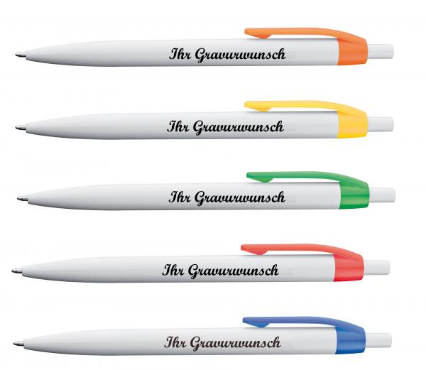 100x Kugelschreiber mit Namensgravur - Clipfarbe:je 20xgrün,orange,gelb,rot,blau