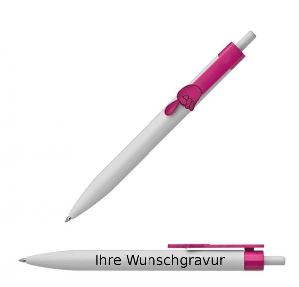 10x Druckkugelschreiber mit Gravur / "Fingerzeig" / Clipfarbe: pink