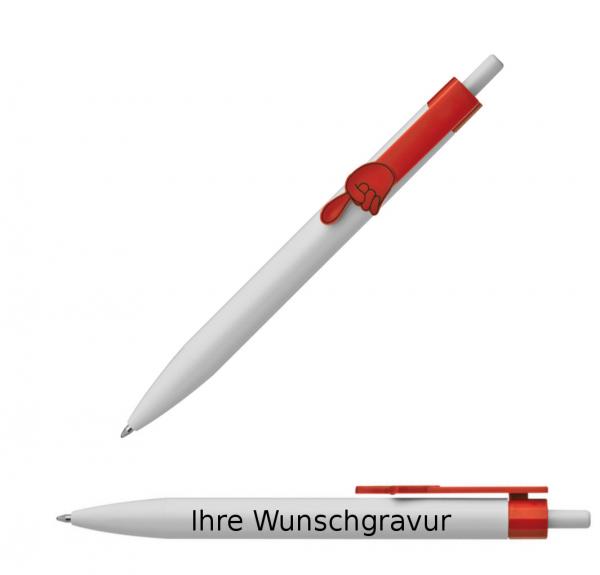 10x Druckkugelschreiber mit Gravur / "Fingerzeig" / Clipfarbe: rot