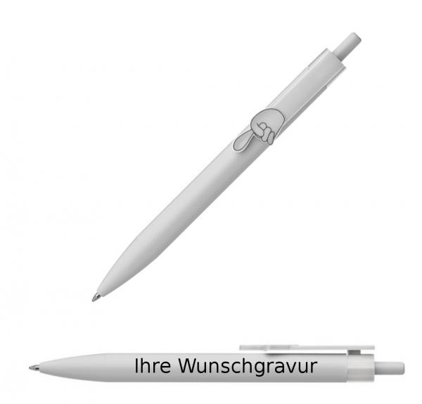 10x Druckkugelschreiber mit Gravur / "Fingerzeig" / Clipfarbe: weiß