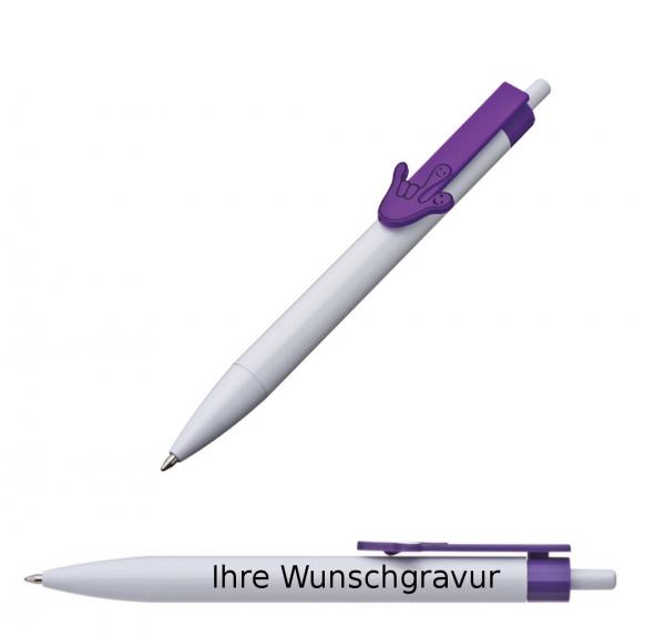 10x Druckkugelschreiber mit Gravur / "Hände" / Clipfarbe: lila