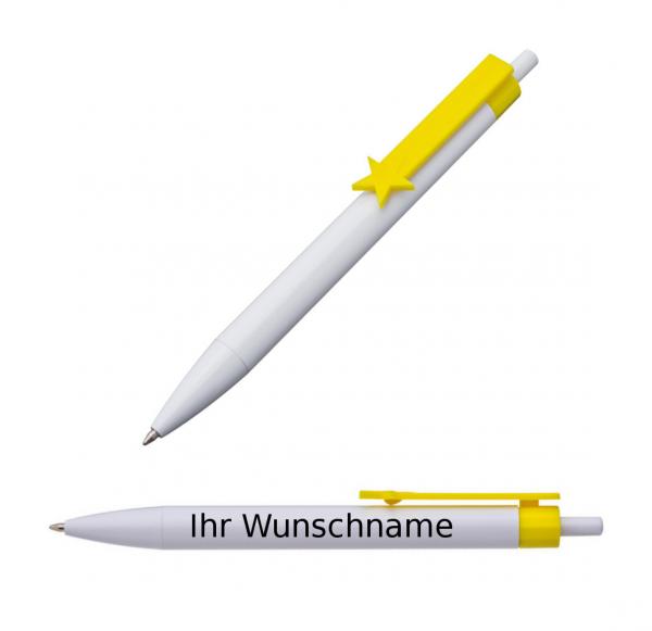 10x Druckkugelschreiber mit Gravur / "Stern" / Clipfarbe: gelb