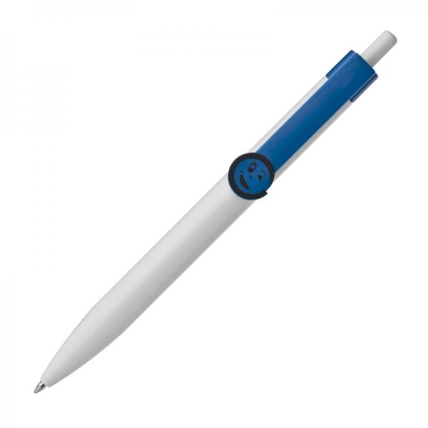 10x Druckkugelschreiber mit Gravur / mit Smile Gesicht / Clipfarbe: blau