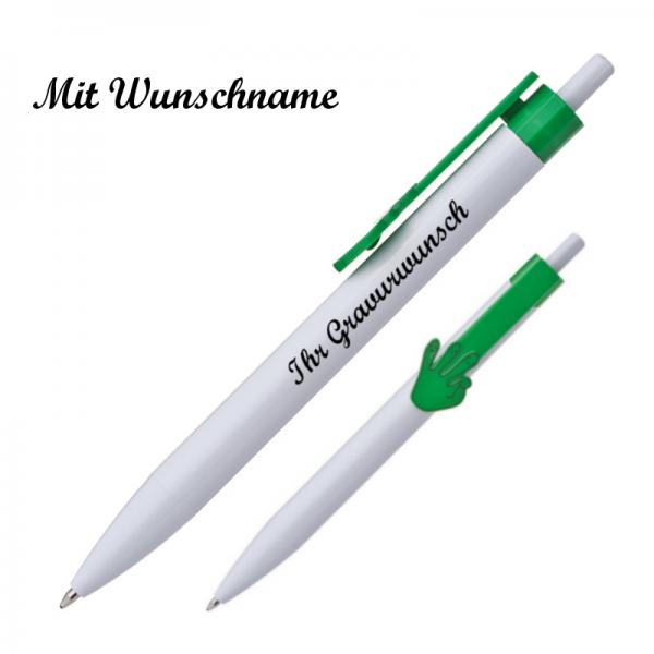 10x Druckkugelschreiber mit Namensgravur - "Hände" - Clipfarbe: grün