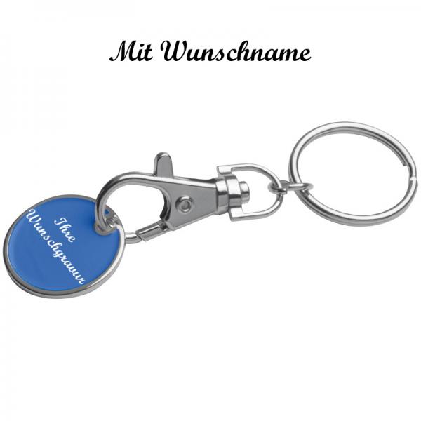 10x Metall Schlüsselanhänger mit Namensgravur - mit Einkaufschip - Farbe: blau
