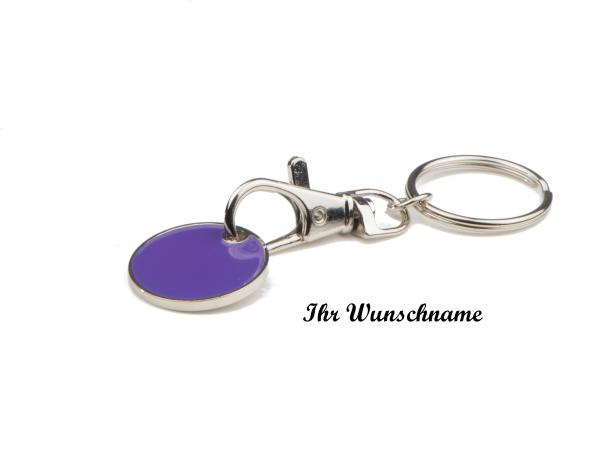 10x Metall Schlüsselanhänger mit Namensgravur - mit Einkaufschip -Farbe: violett