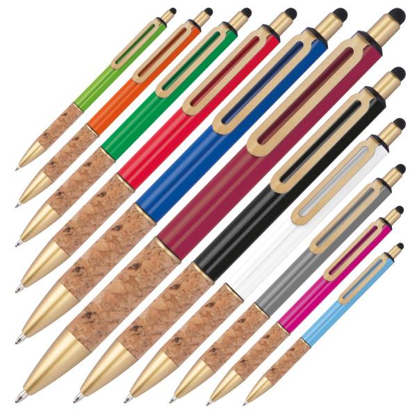 11 Touchpen Metall-Kugelschreiber mit Gravur / mit Korkgriffzone / 11 Farben