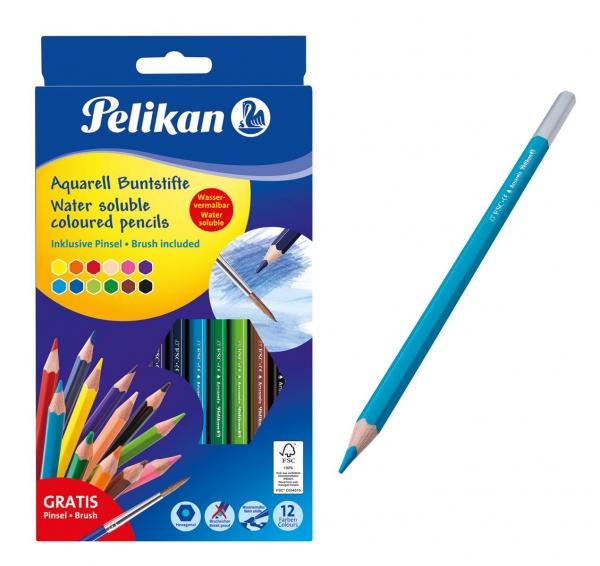 12 Pelikan Aquarell Buntstifte inkl. Pinsel / mit 12 verschiedenen Farben