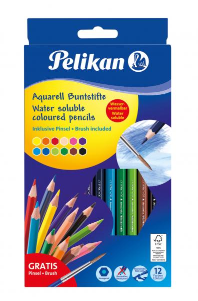 12 Pelikan Aquarell Buntstifte inkl. Pinsel / mit 12 verschiedenen Farben